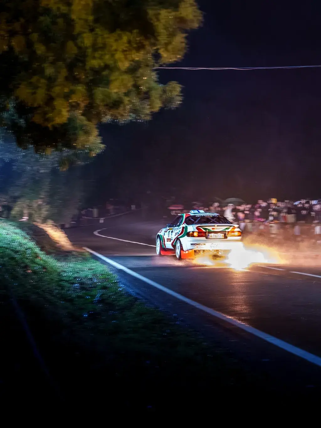 Fire! - Toyota Celica ST185 at night rally stage, flames from exhaust.